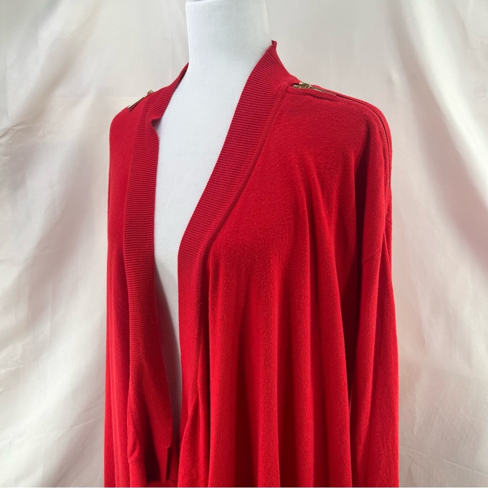 MICHAEL Michael Kors Rich Red Open Knit Cardigan w Zipper Shoulders Full Wrap L - Picture 6 of 15